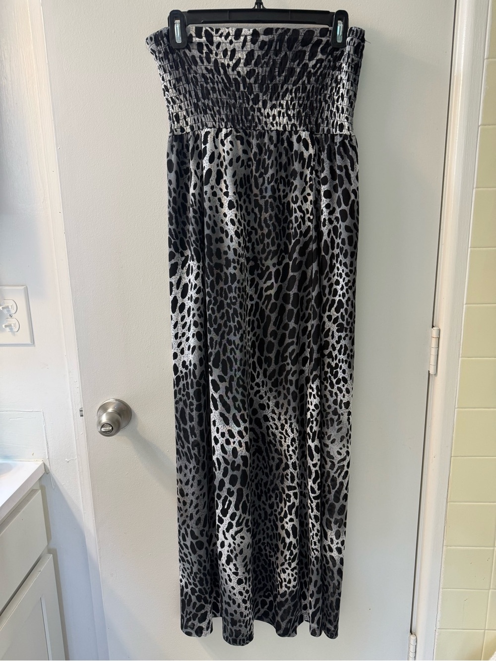 Source Unknown y2k boho Black & Gray Strapless Smocked Leopard Print Maxi dress